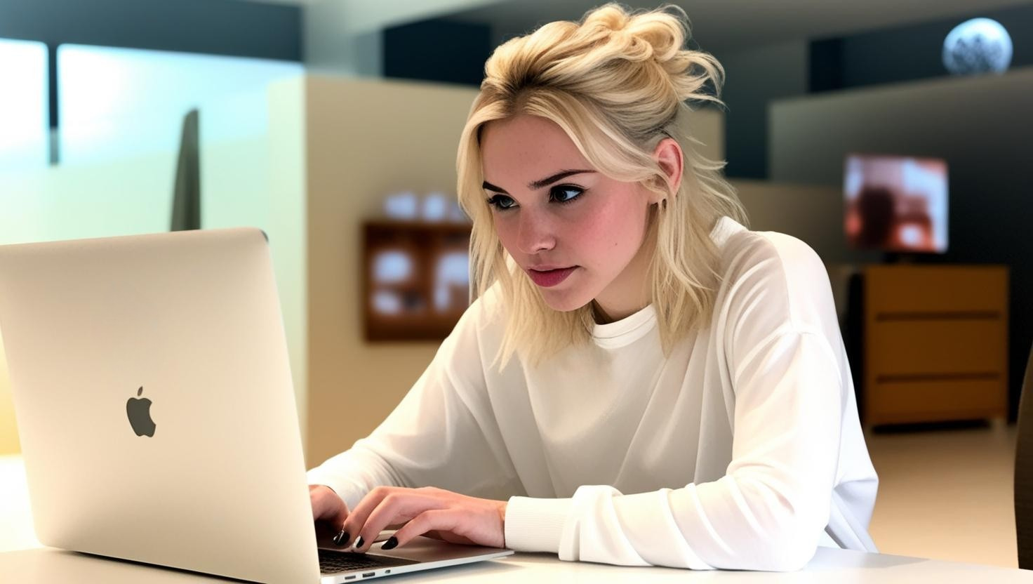 Female Programmer With Blonde Hair Working Intently on a Laptop in a Modern Office Environment