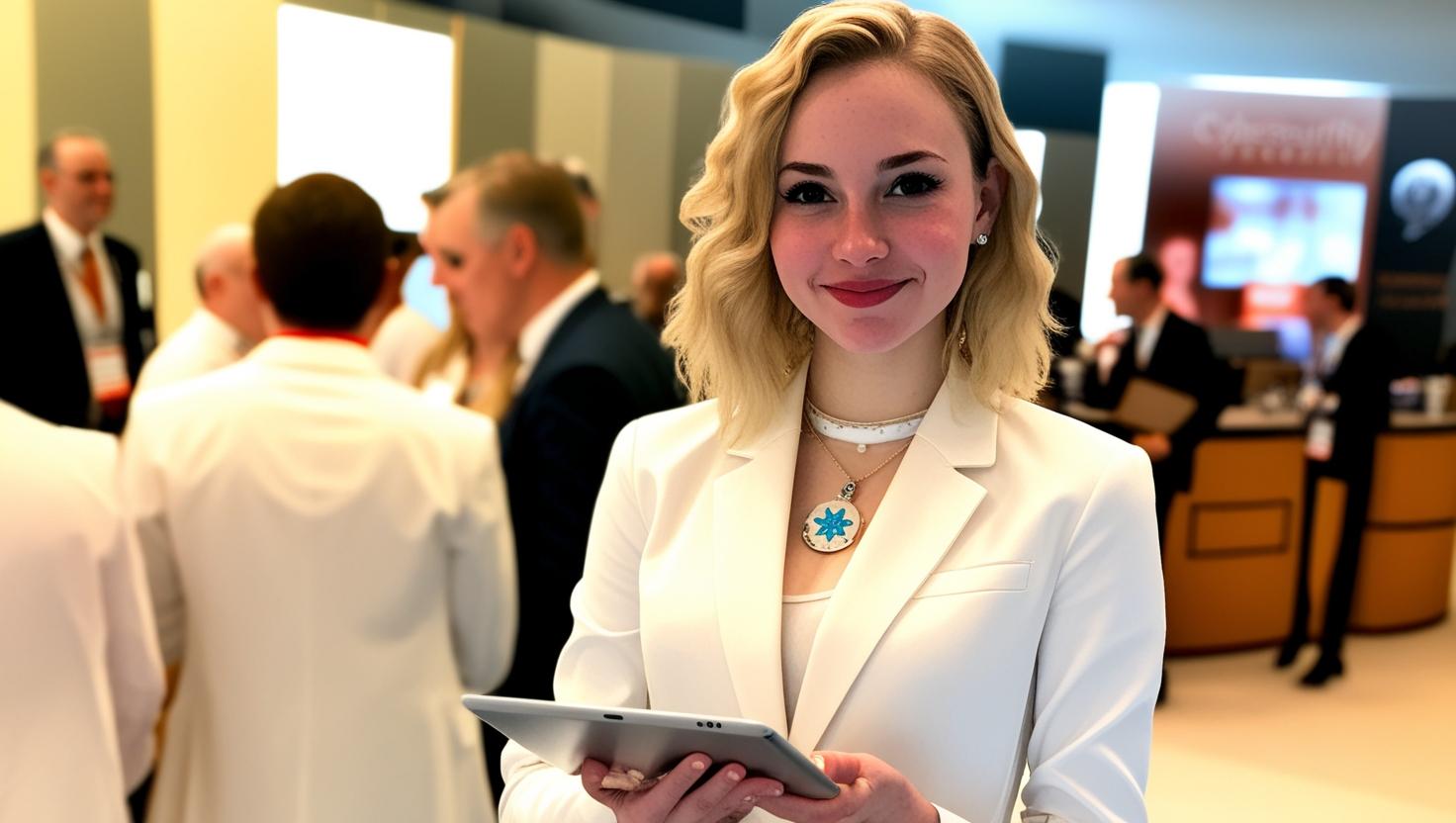 A blonde cyber professional at a technical conference holding an iPad and smiling confidently.