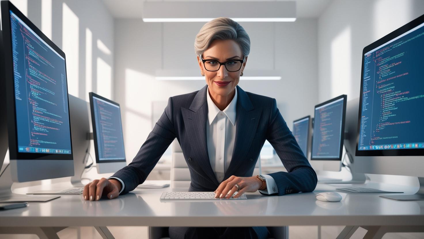 An experienced cybersecurity analyst sits confidently at their desk, analyzing data with precision. A powerful representation of expertise and vigilance in the world of cybersecurity