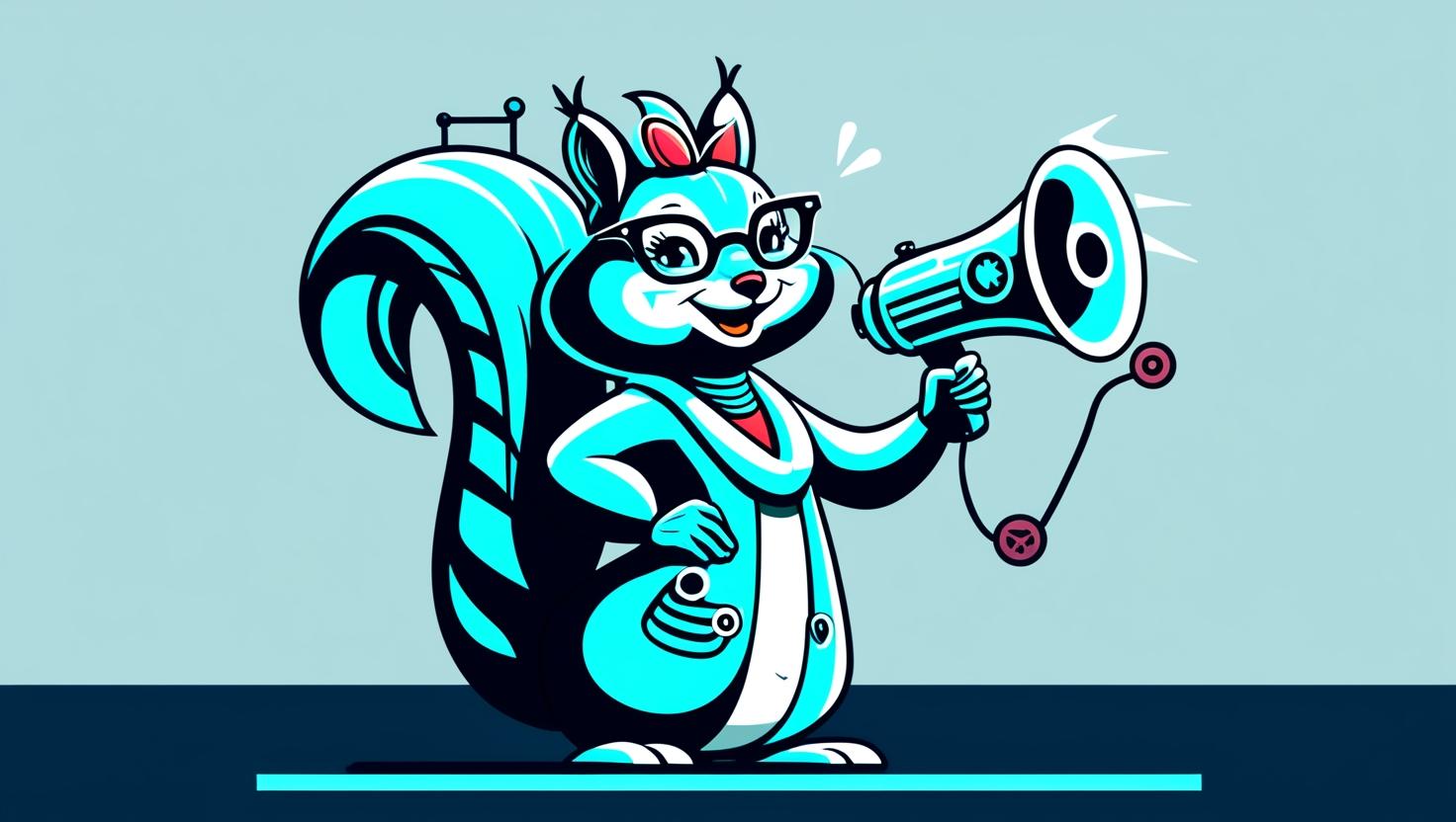 Illustration of a cartoon squirrel wearing glasses, holding a megaphone with a cord, and dressed in a futuristic outfit.