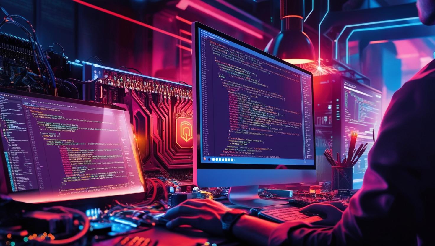 A cybersecurity professional coding on multiple displays in a dark, stylized atmosphere.